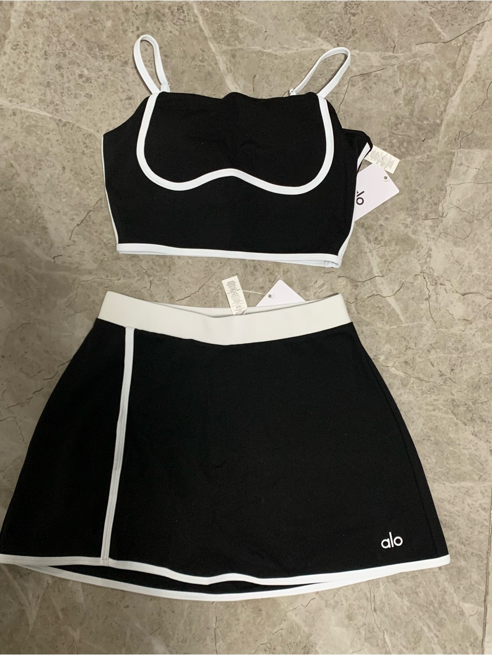 ALO Yoga Black and White Contrast Crop Bra & Skirt Set